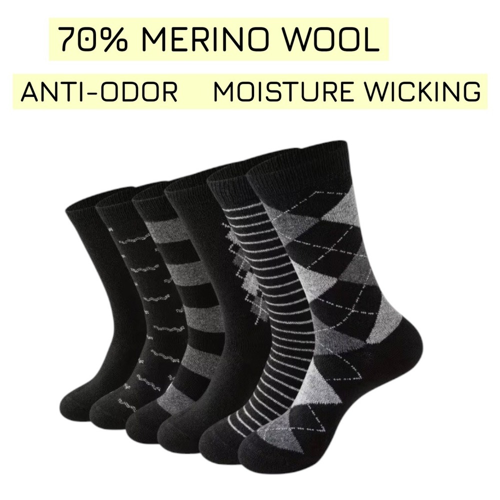 High Quality Merino Wool Thick Dress Socks LARGE Geometric Anti-Odor 6 Pack NICE